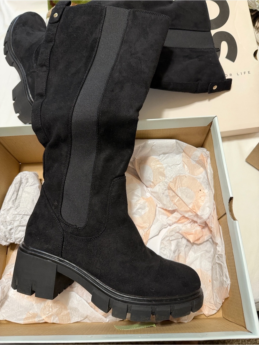 SO Black Suede Lug Sole Chelsea Heeled Boots